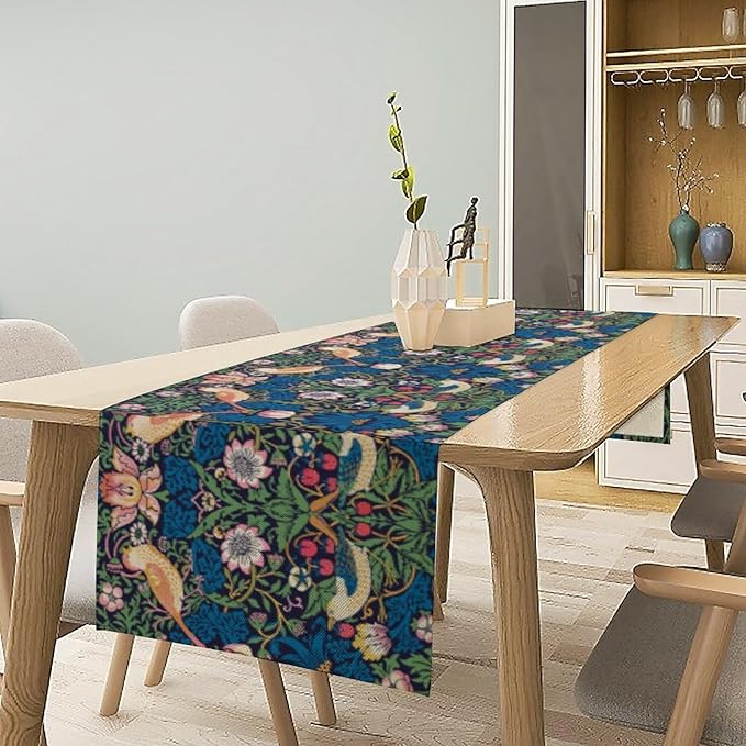 William Morris Floral Table Runner, Vintage Flowers Blue Botanical Printed Table Runner for Home Kitchen Dining Table Decoration,13x108 Inch