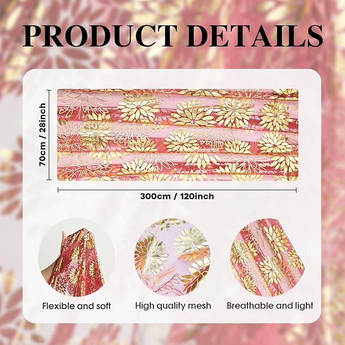 Artoid Mode Red Gold Dahlia Flower Gauze Table Runner 120 Inch 10FT, Glitter Metallic Foil Seasonal Sheer Dining Holiday Table Decor for Home Party