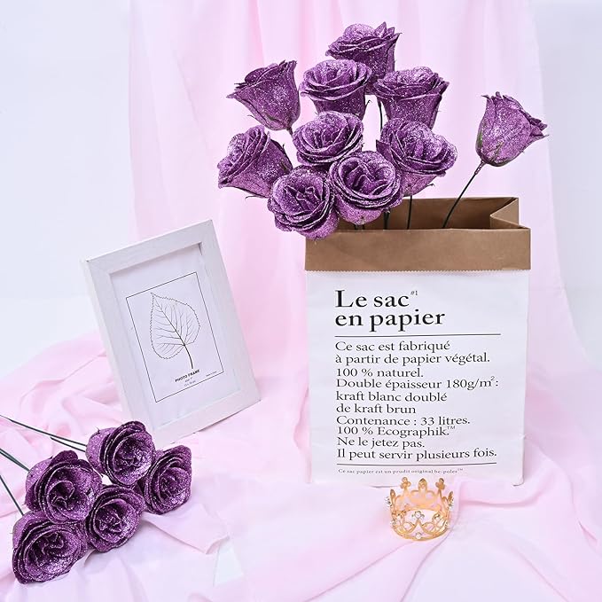Waipfaru Glitter Roses Bouquet, DIY Lilac Fake Flowers Bouquet, Birthday Gifts for Women Mom, 36 Pcs Rose for Grandma Wife Girlfriend Valentines, Mothers Day, Anniversary, Graduation