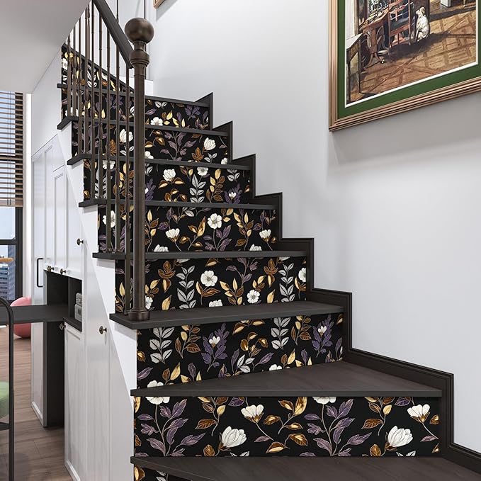 Dark Floral Wallpaper Peel and Stick Vintage Gold Leaf Contact Paper Black Floral Wallpaper Waterproof Self-Adhesive Wall Covering for Bedroom Countertop Desk Cabinets 17.4" x 118"