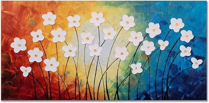 Yihui Arts Hand Painted Textured Flower Oil Painting on Canvas - Colorful Abstract White Floral Wall Art for Living Room, Bedroom, Modern Home Decor