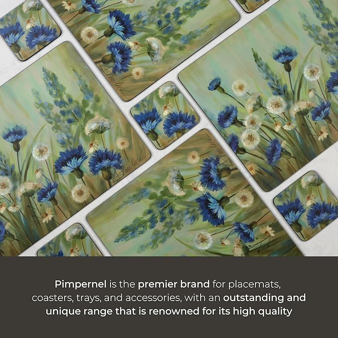 Pimpernel Fleurs des Champs Collection Placemats & Coasters Set (15.7" x 11.7") – Blue & White Cornflower Pattern on Cork-Backed Boards, Heat & Stain Resistant Dining Mats with Lacquered Finish