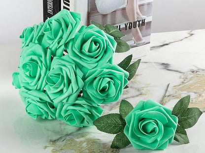 Artificial Flower Foam Rose 25pcs Real Looking Fake Rose with Stems Leaves for Home Decoration Party Garden Centerpieces DIY Wedding Bouquets（Tiffany）