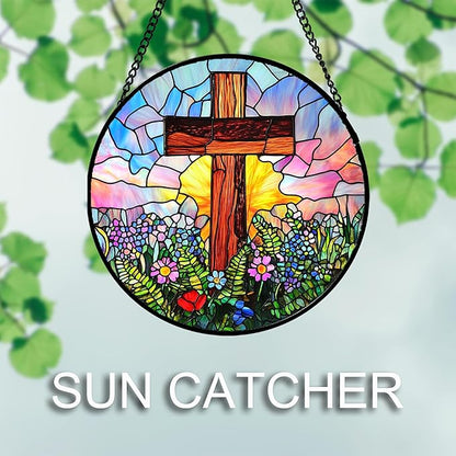 Christian Gifts for Women - Cross Stained Glass Window Hanging Jesus Easter Colorful Wildflowers Sun Catcher Garden Religion Decor Mother's Day Catholic Gift for Men Grandma Mom Her 15"