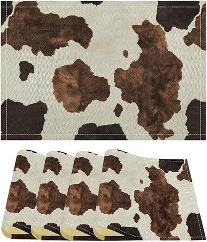 Cow Print Placemats Set of 4 Western Rustic Farmhouse Animal Fur Print Art Printed Dining Table Mats for Restaurant Home Kitchen Holiday Decor 12x18in
