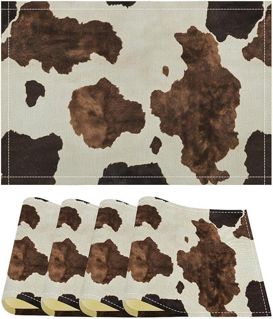 Cow Print Placemats Set of 4 Western Rustic Farmhouse Animal Fur Print Art Printed Dining Table Mats for Restaurant Home Kitchen Holiday Decor 12x18in
