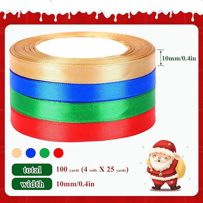 DECYOOL Christmas Ribbons, 4 Rolls 100 Yards Christmas Satin Ribbons 10mm Wide Holiday Craft Ribbons for Gift Wrapping and Xmas Decoration, Red & Green & Royal Blue & Champagne Gold