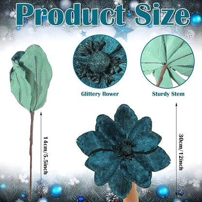 8 Pcs Large Christmas Flower Magnolia Flowers Christmas Tree Decoration Artificial Poinsettia Stems Velvet Xmas Ornaments for Xmas Tree Table Decor(Peacock Green,12 Inch)