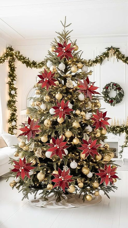 DILATATA 3 Pcs Artificial Christmas Flowers 13 Inch Glitter Poinsettia Picks Christmas Tree Ornaments Topper Decorations Red Poinsettias Flowers for Xmas New Year Wreath Garland Wedding Home Decor