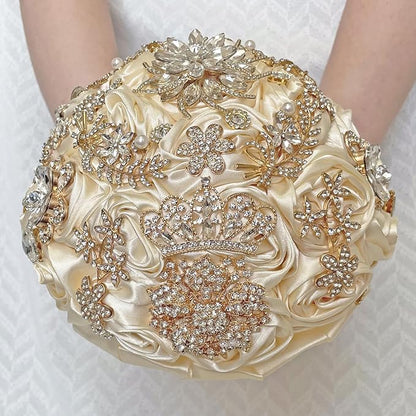 Handmade Satin Rose Floral Bling Pearl Decor Bridal Wedding Bouquet Rhinestone Pendant Artificial Brooch Flowers for Bride Bridesmaid Quinceanera