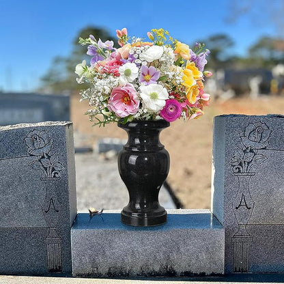 Cemetery Vase, Granite Grave Vase Polished, Black Memorial Stone Vases with Draining Hole for Home Tabletop, Cemetery Flowers, Grave Headstone Decorations (1pc, Polished Black)
