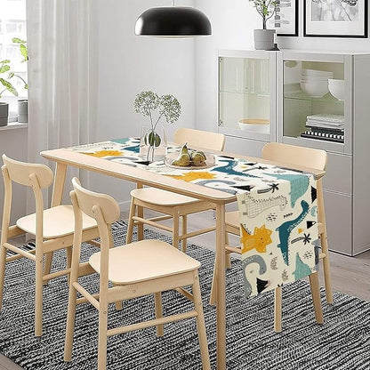 Cartoon Dinosaur Table Runner,Kids Boys Cute Various Dino Moutain Modern Abstract Print Tablecloth Burlap for Hotel Indoors Outdoor Dining Room Kitchen Holiday Party, 13x108in