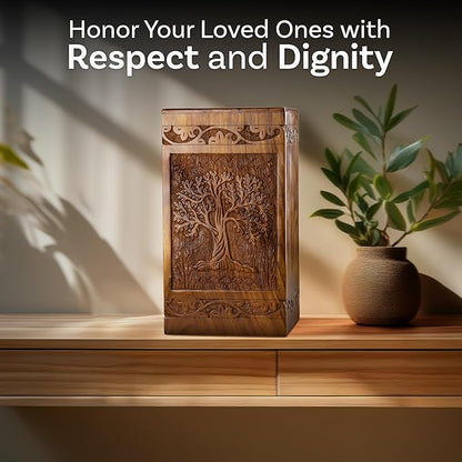 INTAJ Wooden Tree of Life Cremation Urns for Human Ashes – Memorial Urn Box and Casket for Adult Male, Female, Child, or Pets (Cat/Dog) – Burial Funeral Urn Holds Up to 180 Cubic Inches of Ashes