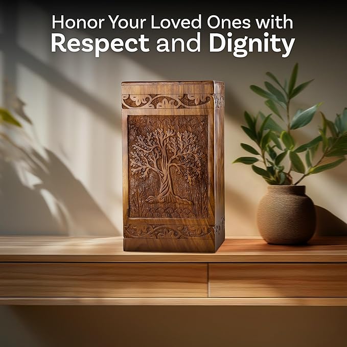 INTAJ Handcarved Wooden Cremation Urn for Human Ashes - Tree of Life Design, 115 lbs Capacity, Suitable for Adult Men and Women, Mom and Dad - Decorative Funeral Urn Box and Casket