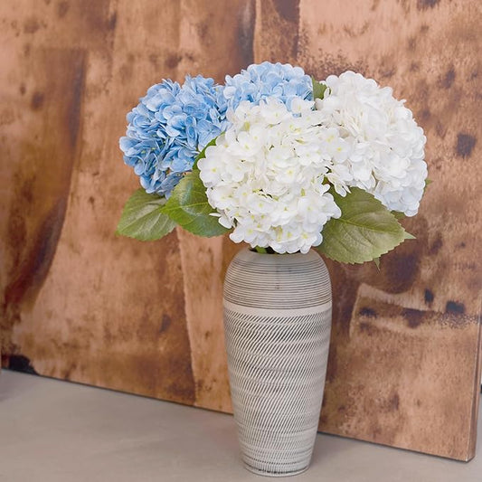 WILD WORKS Hydrangea Artificial Flower Natural Lifelike Real 21 inch Latex Long Stem 2 White+2 Light Blue Hydrangea Flower Bouquets for Christmas Decor Home Party Outdoor Wedding Decoration