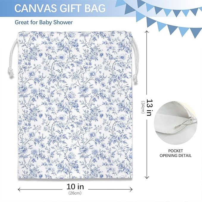 DSHFG Chinoiserie Light Blue Toile Floral Birthday Drawstring Gift Wrap Bags, Chinoiserie Baby Shower Drawstring Gift Bags Canvas, Small Happy Birthday Bag Gifts for Women, 10x13 Inch
