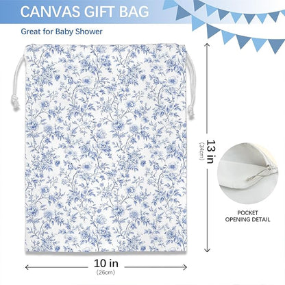 DSHFG Chinoiserie Light Blue Toile Floral Birthday Drawstring Gift Wrap Bags, Chinoiserie Baby Shower Drawstring Gift Bags Canvas, Small Happy Birthday Bag Gifts for Women, 10x13 Inch