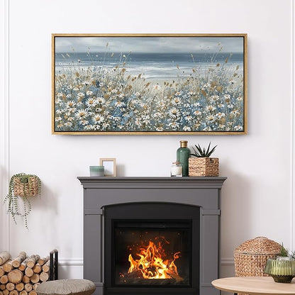 SIGNFORD Extra Large Framed Canvas Print Wall Art Coastal Wildflowers Beach Meadow Landscape llustrations Modern Art Relax/Calm Warm for Living Room, Bedroom, Office - 60"x30"