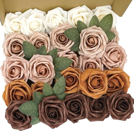 25pcs Artificial Flower Foam Rose Real Touch Roses Flower Heads with Stem for DIY Wedding Bouquets Centerpieces Arrangements Party Baby Shower Home Decor (Shades of Earth Tones)