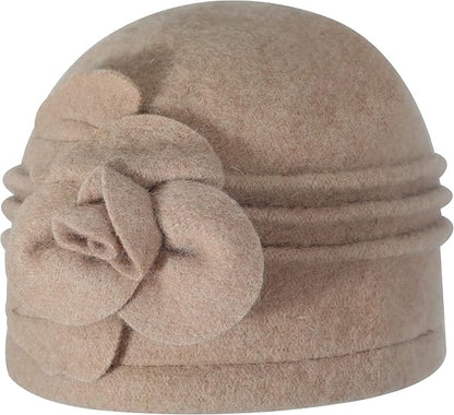 ZLYC Women Wool Cloche Bucket Hat 1920s Vintage Dress Winter Hats with Flower Accent