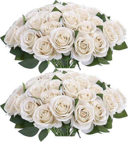 52pcs Beige Roses Artificial Flowers Fake Flowers Silk Roses with Stems for DIY Wedding Bouquets Bridal Shower Centerpieces Arrangements Party Decorations