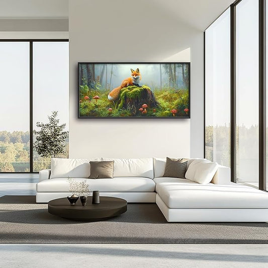 Forest Fox Large Wall Art Framed Rustic Wall Decor for Living Room Fox Mushroom Pictures Oversized Canvas Print Painting Modern Extra Large Framed Artwork for Bedroom Office 60"x30"