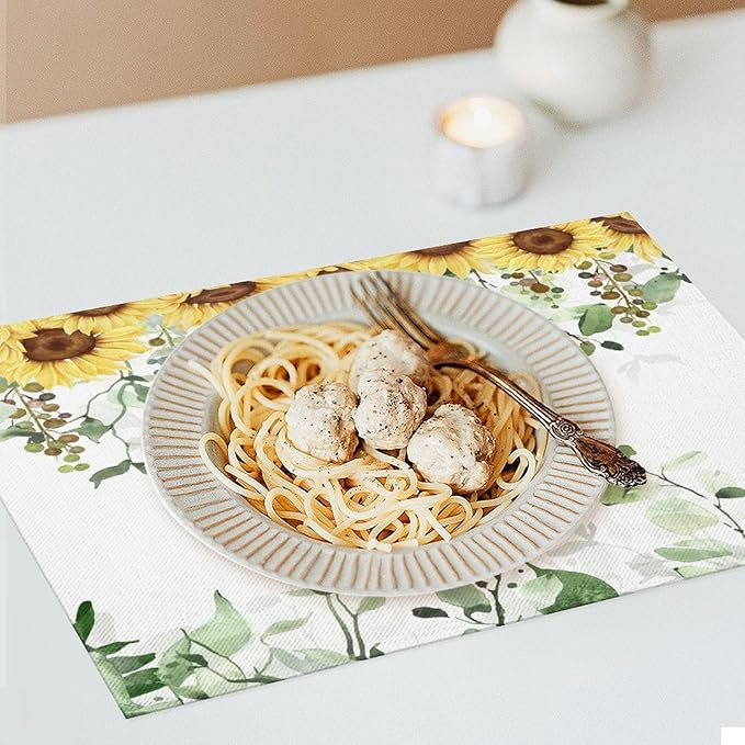 Sunflower Placemats Set of 6,Spring Summer Yellow Floral Flowers Rustic Vintage Dining Table Place Mats, Kitchen Decor Home Decoration 6 PCS, Style-13