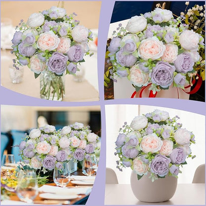 Peony Artificial Flowers, 4 Bundles Fake Peonies Faux Flower Centerpieces for Tables Vase, Bulk Pink Purple Silk Peonies Artificial Bouquet for Wedding Decorations Indoor Floral Arrangement