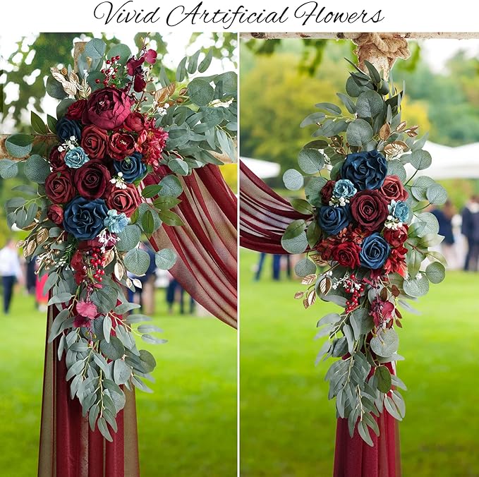 ponatia Artificial Wedding Arch Flowers Kit(Pack of 3), Burgundy Flowers with 26Ft Shiny Arch Draping Fabric, Navy Arch Flowers for Wedding Decoration, Wedding Ceremony Reception Backdrop Decorations