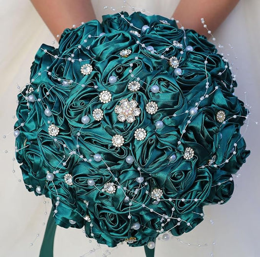 Bridal Wedding Bouquet Round Bling Brooch Bouquet Throw Toss Artificial Rose Flower Bunch for Bride Bridesmaid Wedding Quinceanera(Dark Green, 9.8")