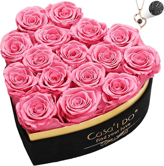 Preserved Roses Flowers for Delivery 16 Pcs, Forever Flores in Heart Box with Necklace, Eternal Rose Anniversary Birthday Gift for Women Wife Girlfriend, Rosas for Valentines Christmas, Pink