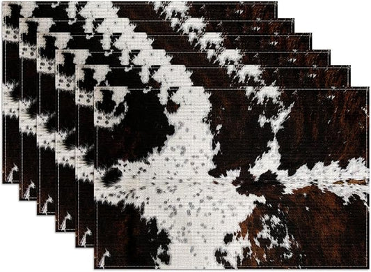 Cowhide Skin Placemats Set of 6, Cow Print Linen Place Mat Washable Stain Resistant Table Mats for Farmhouse Kitchen Dining Party Wedding Decor 12x18 Inch