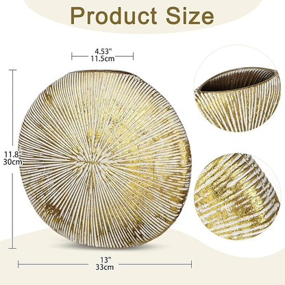 Gold Metal Vase for Home Decor – 13" x 11.8" Modern Decorative Vase for Pampas Grass, Artificial Flowers & Dried Bouquets – Elegant Textured Flower Vase for Living Room, Bedroom & Office