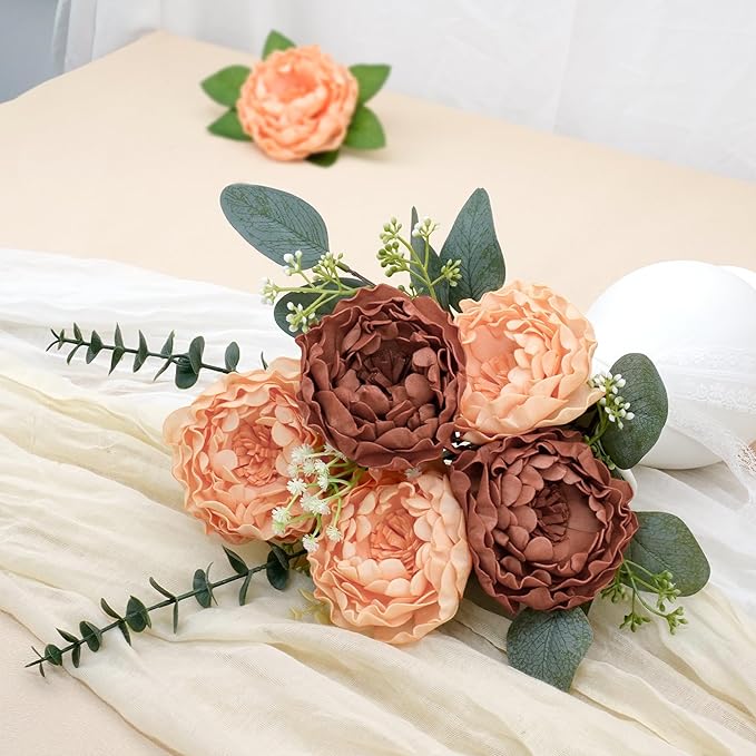 Artificial Flowers, 16pcs Realistic Rose for DIY Wedding Bouquets Centerpieces Arrangements, Terracotta Peonies Flowers with Stem Bridal Shower Party Home Decorations
