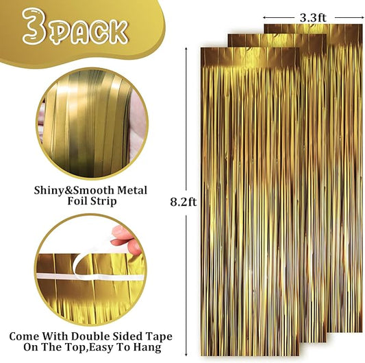 3 Pack 3.3 x 8.2 ft Matte Gold Foil Fringe Backdrop Curtains, Tinsel Streamers Party Decorations, Fringe Backdrop, Door Shimmer for Graduation, New Years Eve, Birthday Party