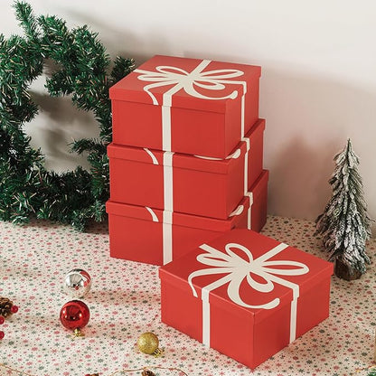 Soul & Lane Christmas Square Decorative Boxes with Lids - Set of 4 - Festive Red, Reusable Large Nesting Holiday Gift Boxes for Presents and Décor