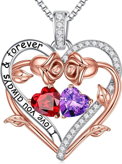Iefil Rose Heart Double Birthstone Necklace Gifts for Wife Her Mom Women, Birthstone Jewelry Gemstone Birthday Gifts for Girlfriend Grandma Her Wife Women