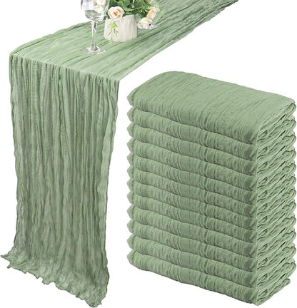 12 Pack 13Ft Cheesecloth Table Runner 35x157 Inch Boho Gauze Table Runner Cheese Cloth Long Rustic Table Runners for Wedding Bridal Shower Birthday Party Table Decor (Dusty Sage Green)