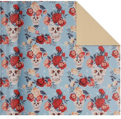 Aimyoo Blue Red Floral Kraft Wrapping Paper Roll, All Occasion Skull Flower Gift Wrap Paper for Birthday Bridal Shower 17 in x 10 ft
