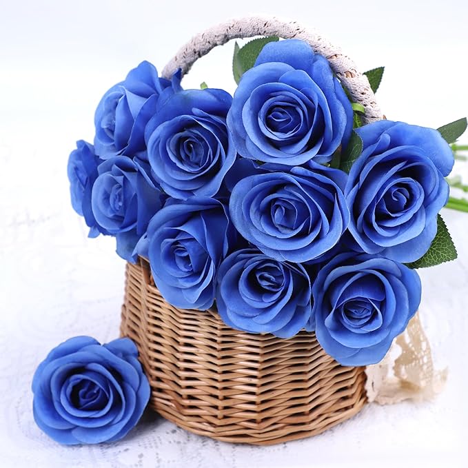 Artificial Rose Flower Artificial Flowers Flower with Long Stem Silk Roses Bouquet for Wedding Bridal Shower Party Home Decoration (Royal Blue, 12 Pcs)