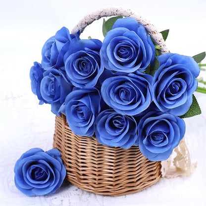 Artificial Rose Flower Artificial Flowers Flower with Long Stem Silk Roses Bouquet for Wedding Bridal Shower Party Home Decoration (Royal Blue, 12 Pcs)