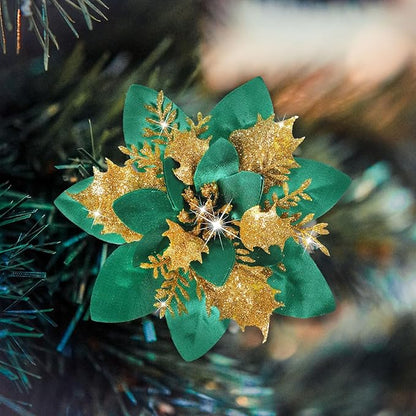 Geosar 24 Christmas Glitter Artificial Poinsettia Flowers Xmas Poinsettia Artificial Wedding Flowers Decorations Xmas Tree Ornaments with Clips for Party Favors, 6 Inch, 4 Inch, 3 Inch (Green, Gold)