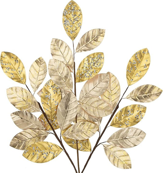 Hollyone 23.6” Christmas Tree Picks and Sprays 3Pcs Champagne Artificial Magnolia Stems Magnolia Leaves Branches Fake Gold Leaf Floral for Vase DIY Xmas Tree Garland Wreath Centerpieces Wedding Decor