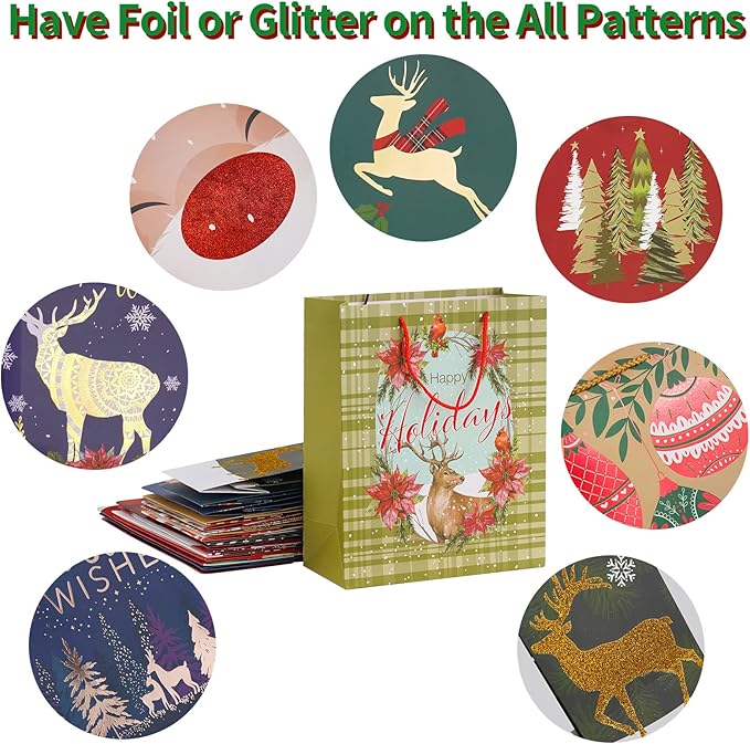 Smarimple Christmas Gift Bags 16 PCS Christmas Bags Bulk Assorted Sizes with Handles and 12 Sheet Tissue Papers 16 Holiday Designs 3 Jumbo 5 Large 6 Medium 2 Wine Bags for Xmas Holiday Present