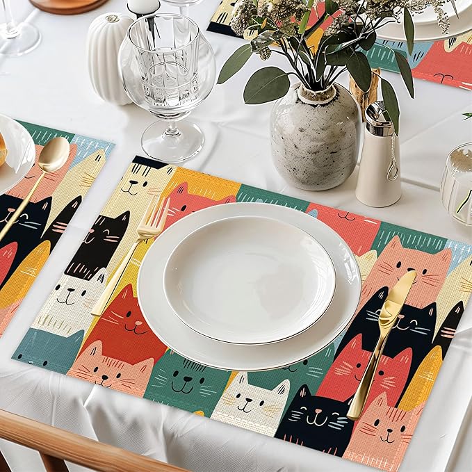 Cute Cat Placemat Set of 6,Heat Resistant Linen Table Mats for Indoor Outdoor Home Kitchen Dining Room Table 12x18Inch
