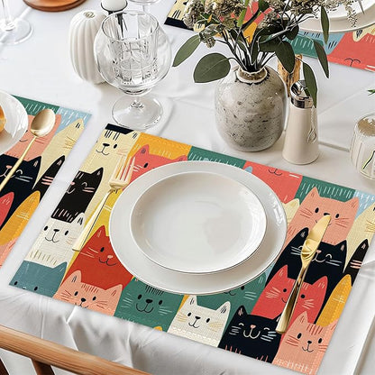 Cute Cat Placemat Set of 6,Heat Resistant Linen Table Mats for Indoor Outdoor Home Kitchen Dining Room Table 12x18Inch