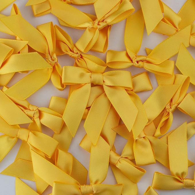 7Rainbows 50pcs Boutique 1.5" Yellow Gold Satin Ribbon Mini Bows for Craft Sewing Scrapbooking Wedding and Gift Wrapping