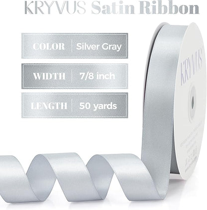 Silver Gray Satin Ribbon, Double Faced 7/8 Inch X 50 Yards Silver Gray Ribbon, Premium Satin Ribbons for Gift Wrapping, Crafts, Hair Bow Making, Sewing, Flower Bouquet, Wedding Party Decor