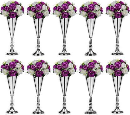 Tabletop Metal Wedding Flower Trumpet Vase Table Decorative Gold,Silver Candlestick Holders Flower Vase Stand Wedding Road Lead Tall Flower Holders (Silver, 10xM)