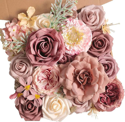 Dusty Rose Artificial Flowers Set - Fake Roses, Peonies, Silk Flowers with Stems for DIY Wedding Bouquets,Floral Arrangement,Table Centerpieces,Baby Shower, Home Decor